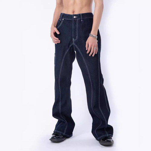 Korean INS High-Rise, Niche Design Car-Line High-Waist Denim Jeans for Men – Loose-Fit, Straight-Leg Long Pants in Solid Color, Retro Style