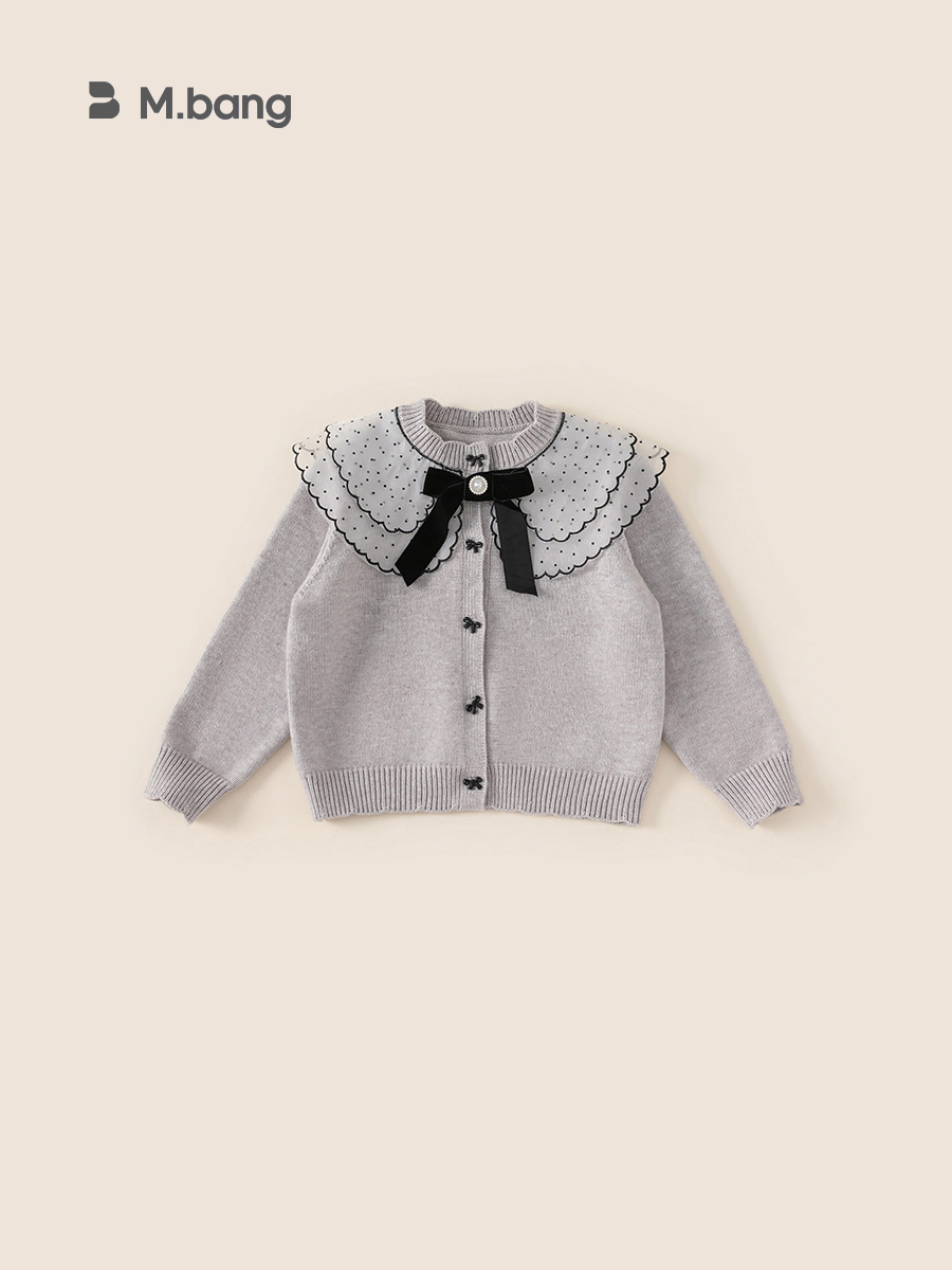 Yubao ropa infantil para niñas otoño y invierno nuevo cardigan de punto de punto para niñas arco ondulado suéter de encaje abrigo