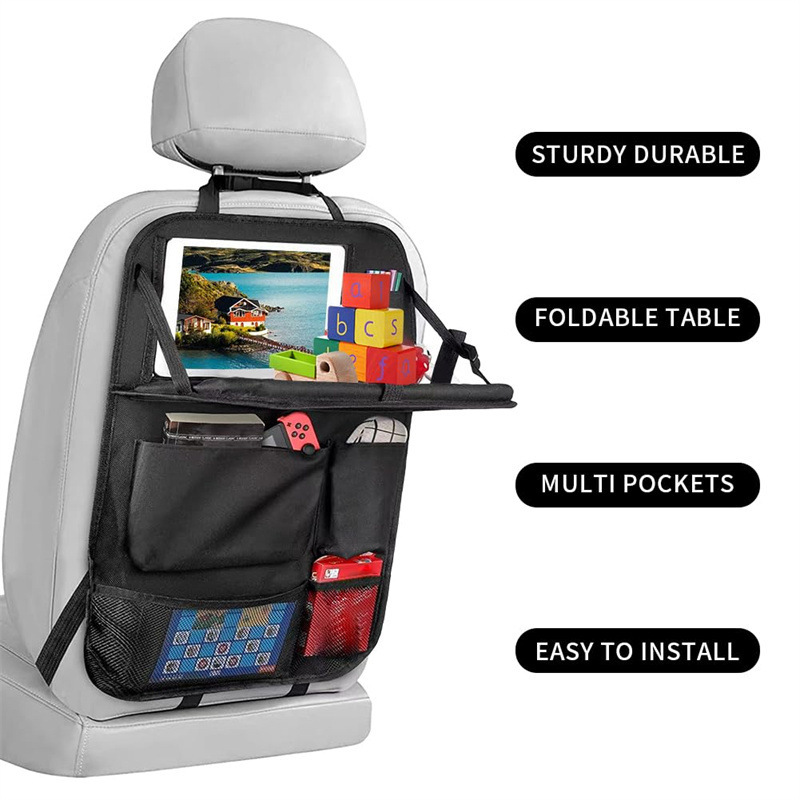Bolsa de almacenamiento para el respaldo del asiento del coche, de cuero, para niños, con mesa plegable para comer.