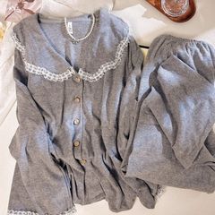 甜美娃娃领德绒睡衣女款秋冬季加厚保暖韩系蕾丝毛巾绒家居服套装