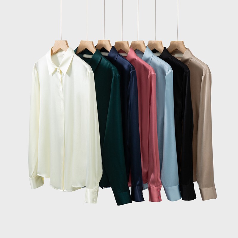 Multi-Color Solid Color Mulberry Silk Satin Silk Shirt Women's Long-Sleeved Top Spring New Polo Collar Elegant
