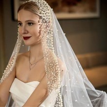 仙女唯美珍珠头纱欧美长短款头纱新娘珍珠头纱乳白色新娘亮闪头纱