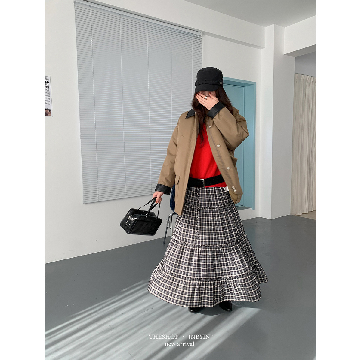 GraceChic GraceChic GraceChic Inbyin Gonna midi a quadri arricciati in stile coreano per donna, lunga vita elastica, che copre i fianchi, snellente_voghion.com