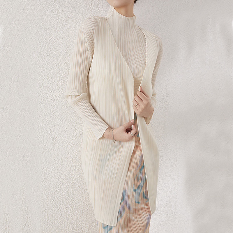 2024 Early Spring Miyake Mid-Length Coat for Women, Long Sleeve Toothpick Cardigan, Casual Loose Pleated Outerwear for Moms