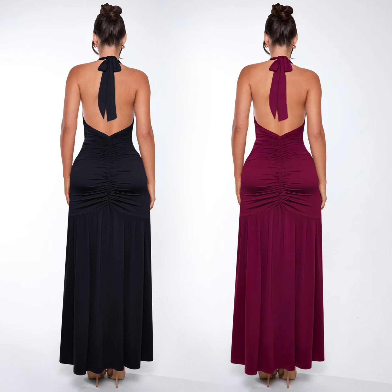 C7552 Aliexpress transfronterizo amazon Europa y América moda mujer elegante color sólido sexy V-collar vestido bifurcado