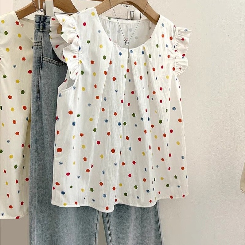 Sleeveless Pleated Colorful Polka Dot Sweet Youthful Shirt for Women, Summer Style Fresh Vest Inner Wear Trendy Top