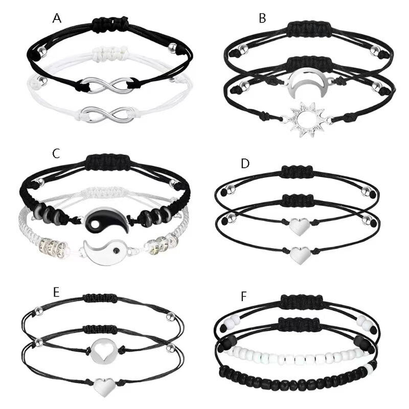 New Amazon Hot Couple Bracelet Tai Chi Yin Yang Sun Moon Love Woven Rope Pull Adjustable Bracelet Set