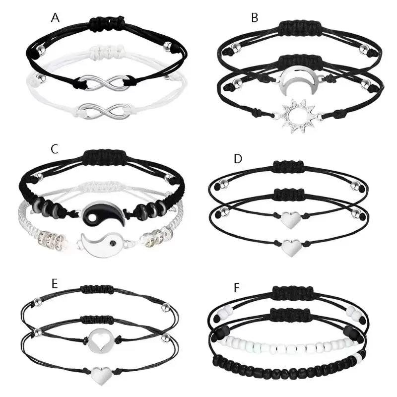 新亚马逊热销情侣手链太极阴阳日月爱心编织绳抽拉可调节手链套装