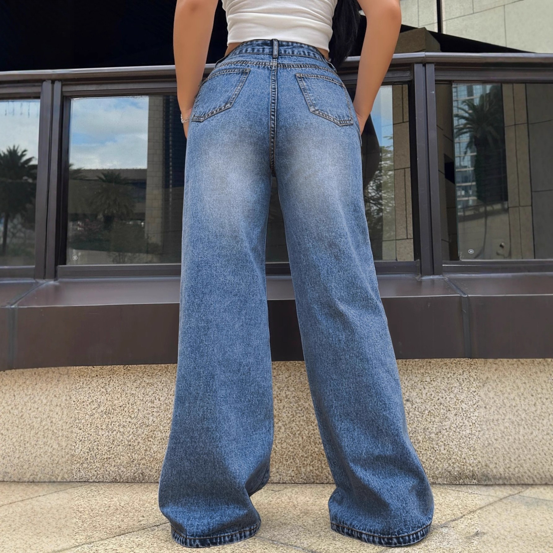 Jeans de Pierna Ancha con Rotos para Mujer de Mezclilla, Corte Relajado, para Uso Casual image 5