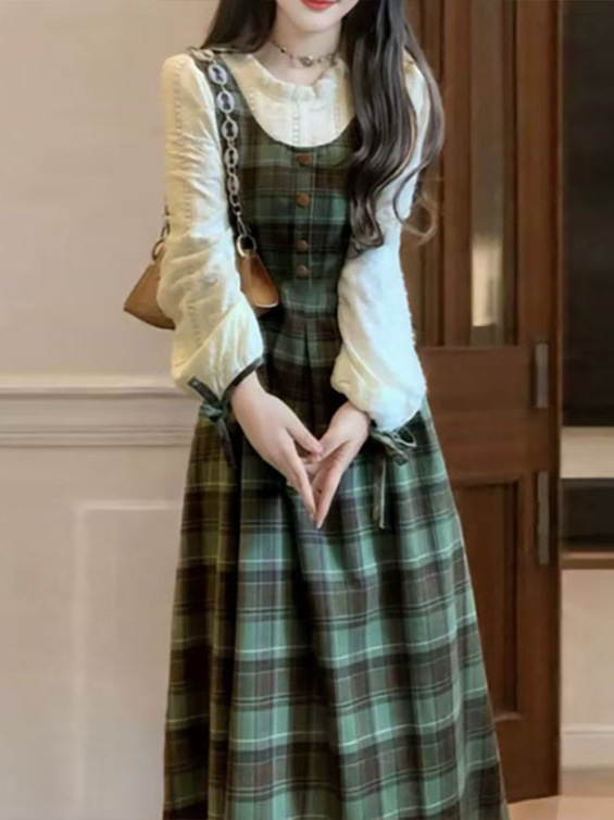 森系复古绿格连衣裙子秋装女2025新款学院风小个子假两件背带长裙|undefined