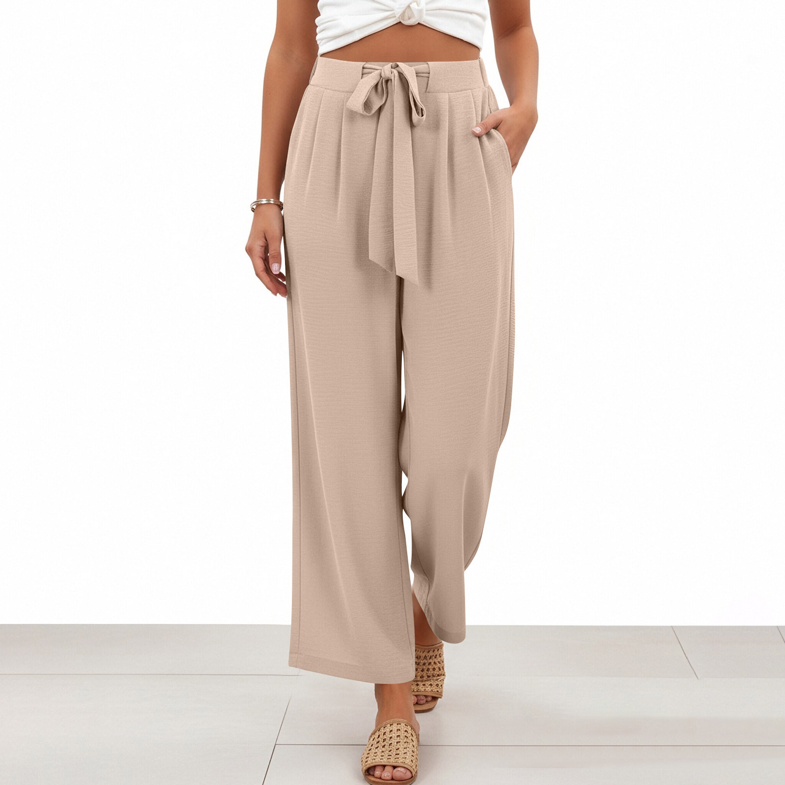 2026 primavera y verano Europa y América transfronterizos Amazon nueve pantalones de color sólido nuevo cinturón de damas pantalones casuales de piernas anchas image 11