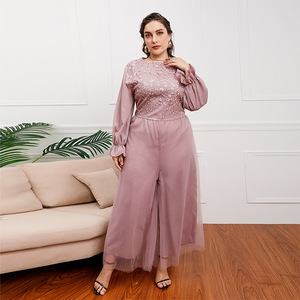 Lotus pink temperament one-piece trousers with large size high waist loose wide leg pants