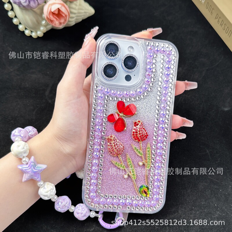 【双玫瑰】适用于16promax苹果手机壳玫瑰花渐变带钻14Plus软壳|undefined