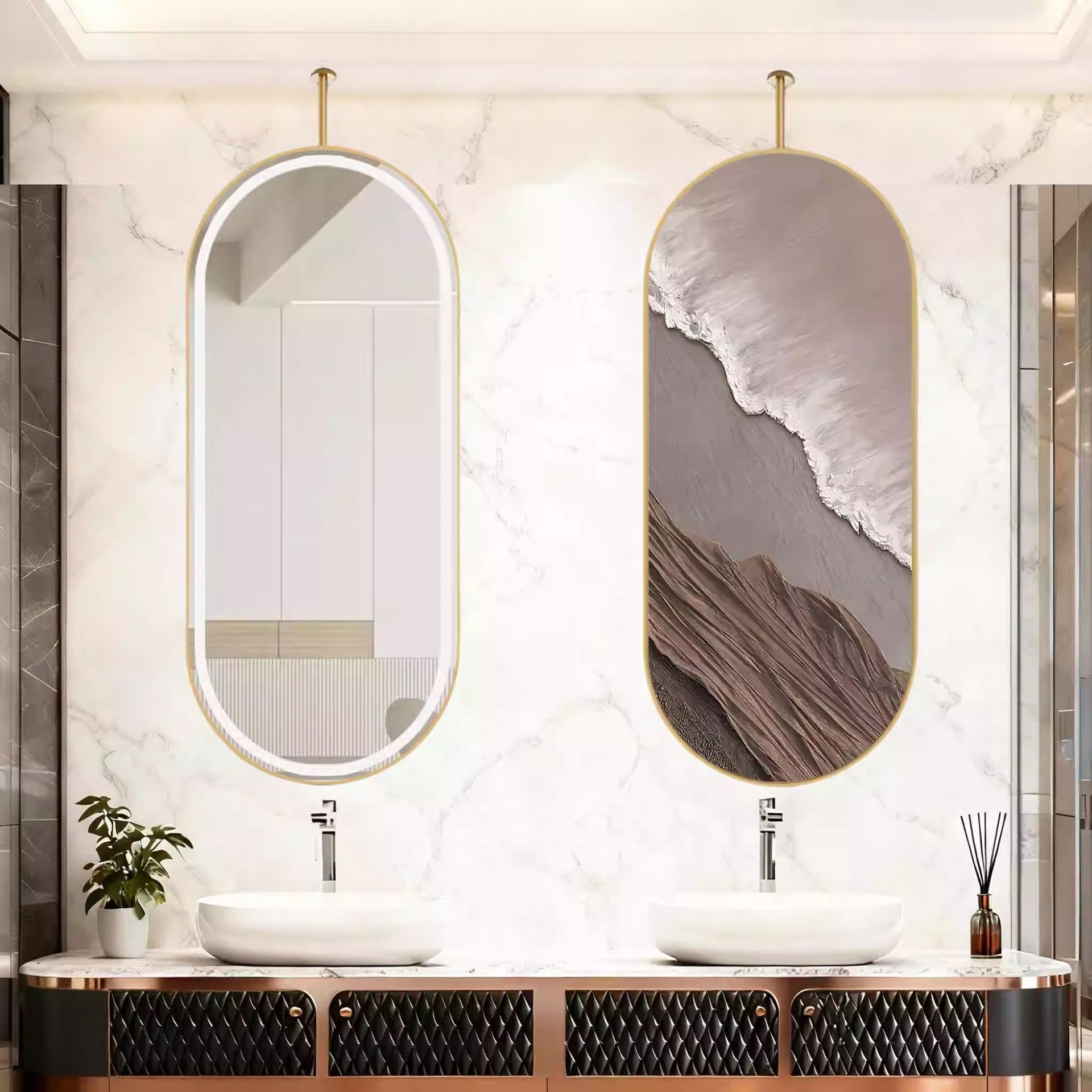 Hotel residencial lujo ligero pluma oval espejo de baño 2025 nuevo espejo colgante del lavabo con productos de lámpara