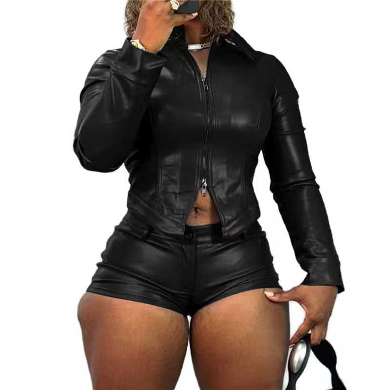 Hr25102 European and American Fashion Women's Leather Stand-Up Collar Two-Way Zipper Motorcycle Long-Sleeved Top Shorts Two-Piece Suit