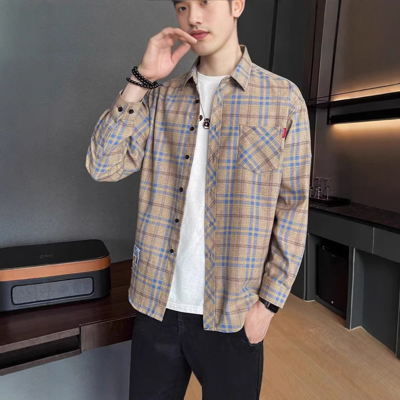 Wholesale Men's Shirts Spring Japanese Style Trendy Loose Long-Sleeve Plaid Workwear Plus Size Shirts Trendy Men