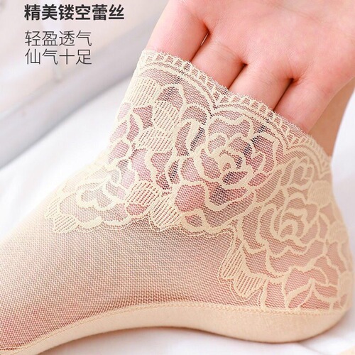 Summer lace black women's socks with Japanese floral edge mesh breathable boat socks ultra-thin cotton sole anti-slip low-top socks