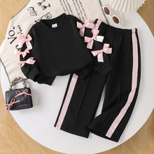 外贸跨境欧美秋季新款运动风粉色蝴蝶结黑色长袖长裤女童套装