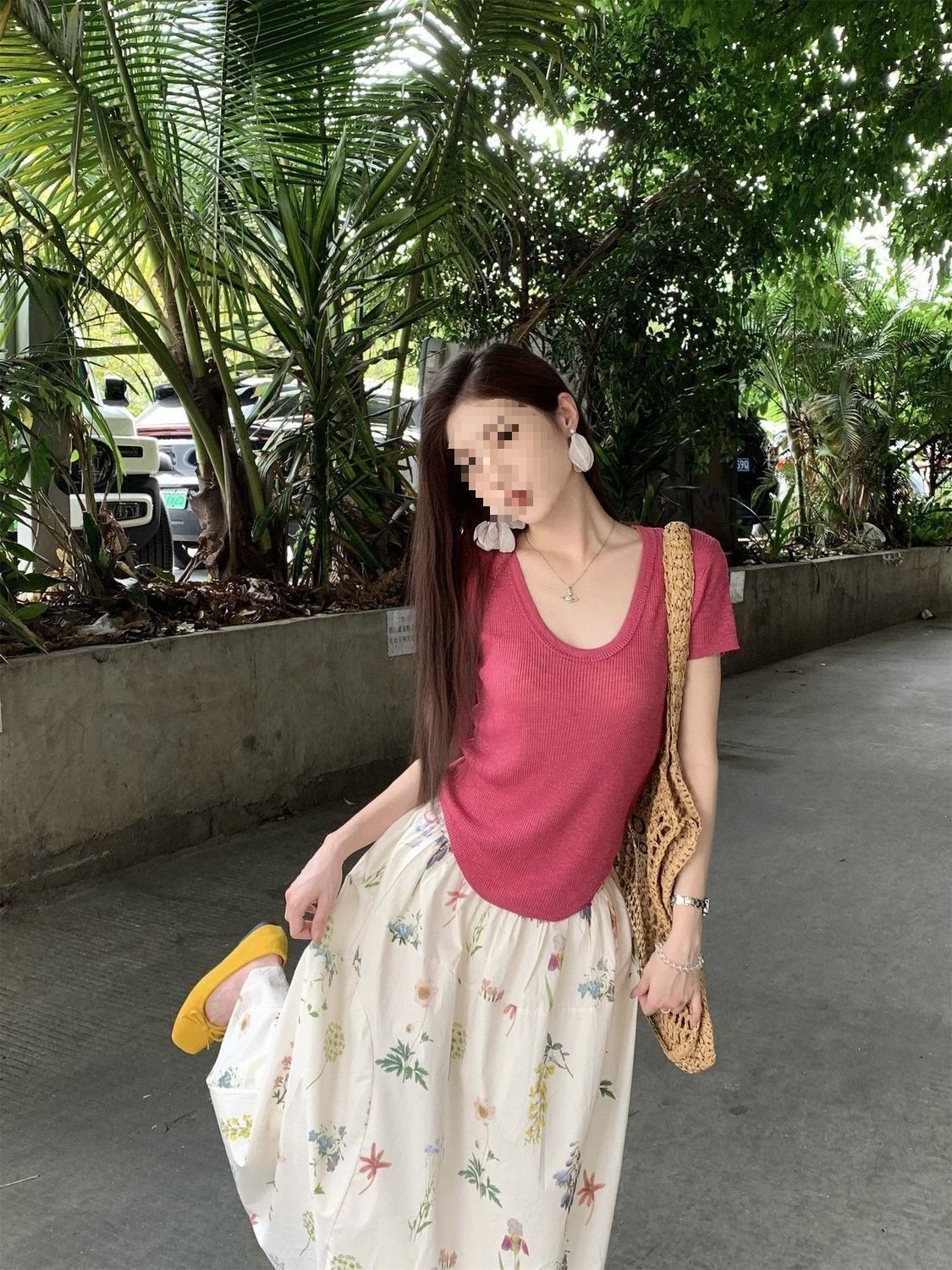 Áo thun nữ cổ tròn tay ngắn dệt kim phong cách Hàn Quốc dáng ngắn ôm sát — xanh lam, màu hồng, màu tím, màu hồng đậm chi tiết 3