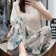 显瘦薄款夏季居家人棉绵绸睡裤九分加大码宽松休闲格子家居裤发