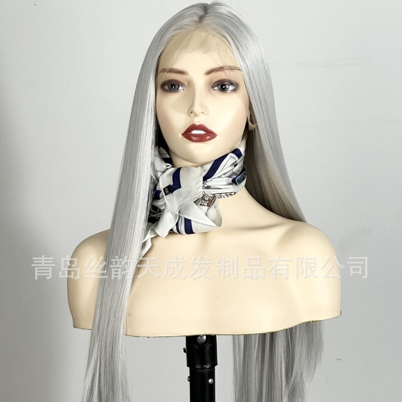 跨境银灰色假发前蕾丝手钩13*4中分顺直整顶发套cos wigs 外贸|undefined