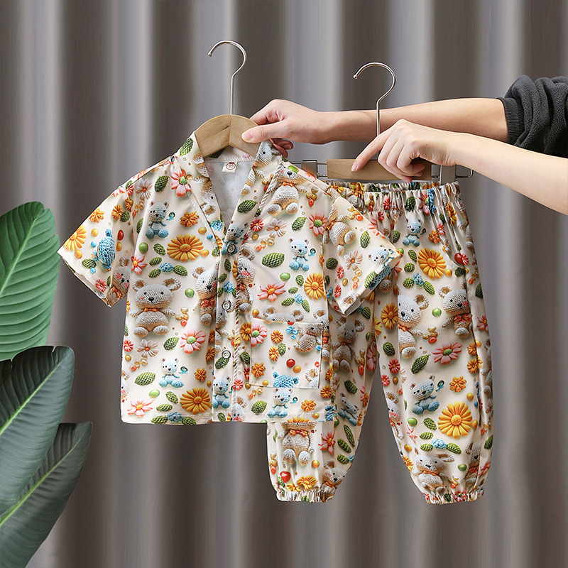 7292 Traje de verano para niños 2025 nuevo estilo niño oso de manga corta ropa delgada traje de dos piezas de servicio a domicilio de verano