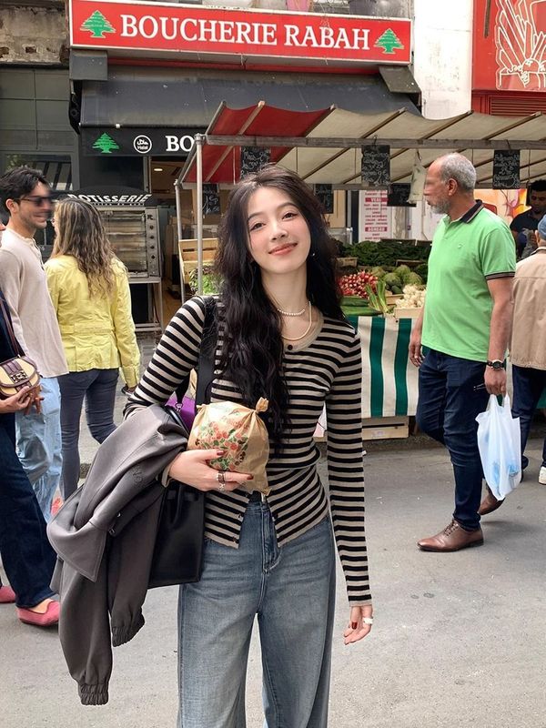 韩系港味黑白条纹针织开衫女短款春秋慵懒风休闲上衣毛衣打底衫女|undefined