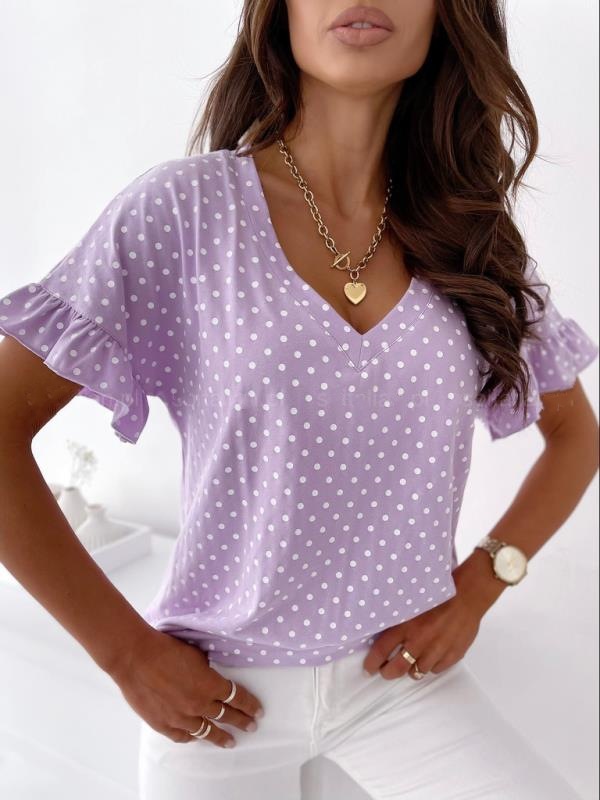 v-Neck Short-Sleeved Polka Dot Short-Sleeved Top NSYF53242