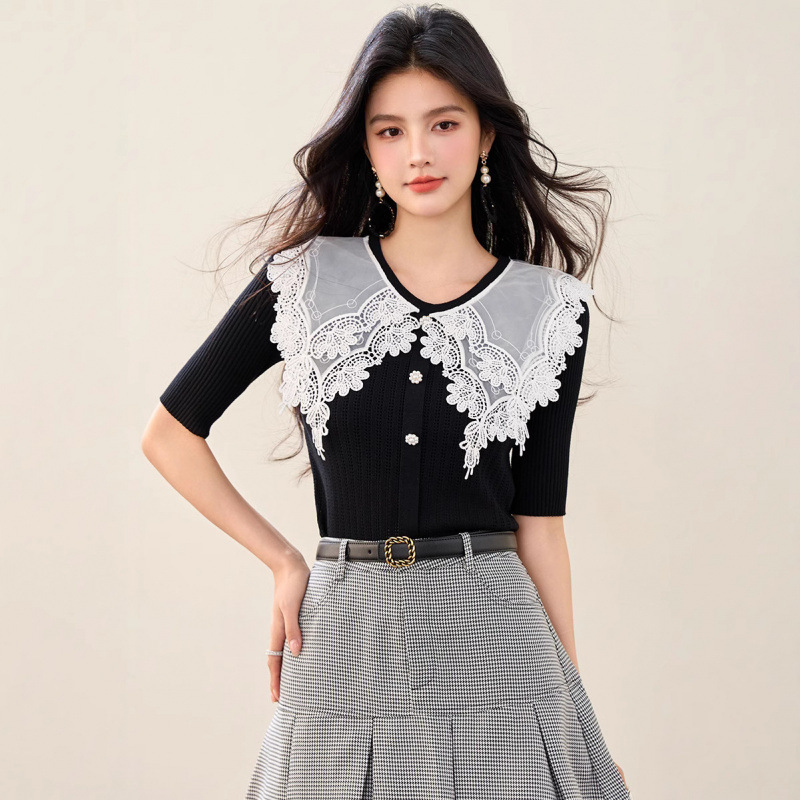 French Retro Ice Silk Top for Women Summer Black Water-Soluble Lace Doll Collar Short-Sleeved Slim Fashion Versatile Sweater