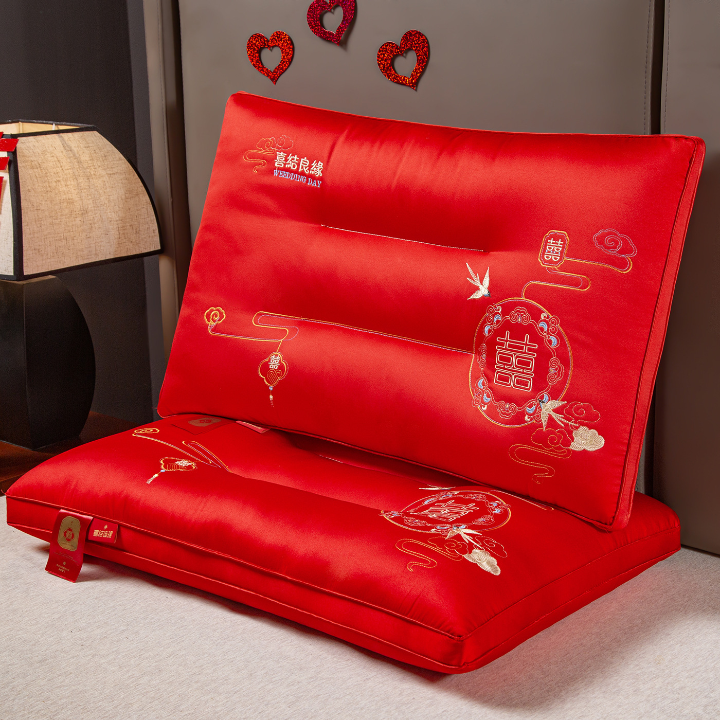 Nuevo algodón almohada de cuello de boda ayuda a dormir núcleo de almohada bordado rojo gran algodón casado pareja casada