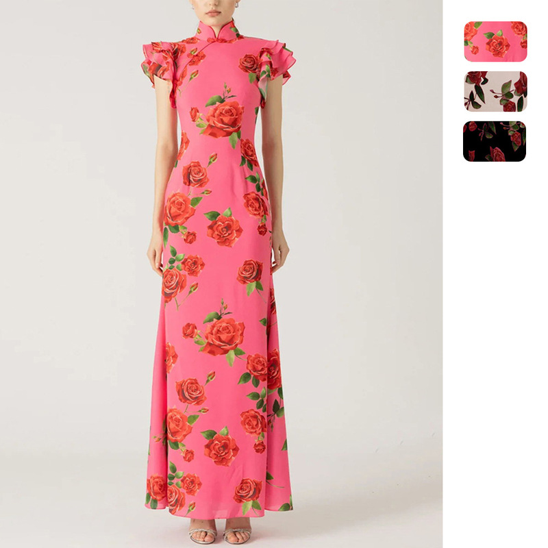 Amazon Independent Station European and American Women's New Sleeveless Casual Printed dress National Style New Chinese Cheongsam 8069