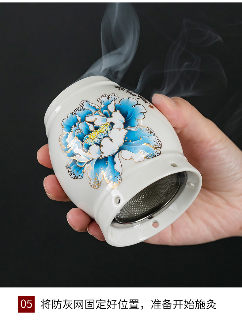 Ceramic Moxibustion Jar Multi-Purpose Home Facial Moxa Box with Steel Mesh and Cloth Cover for Warming Therapy specifications