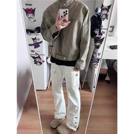 美式街头春秋底特律短款工装牛仔外套男复古高级hiphop机车夹克男