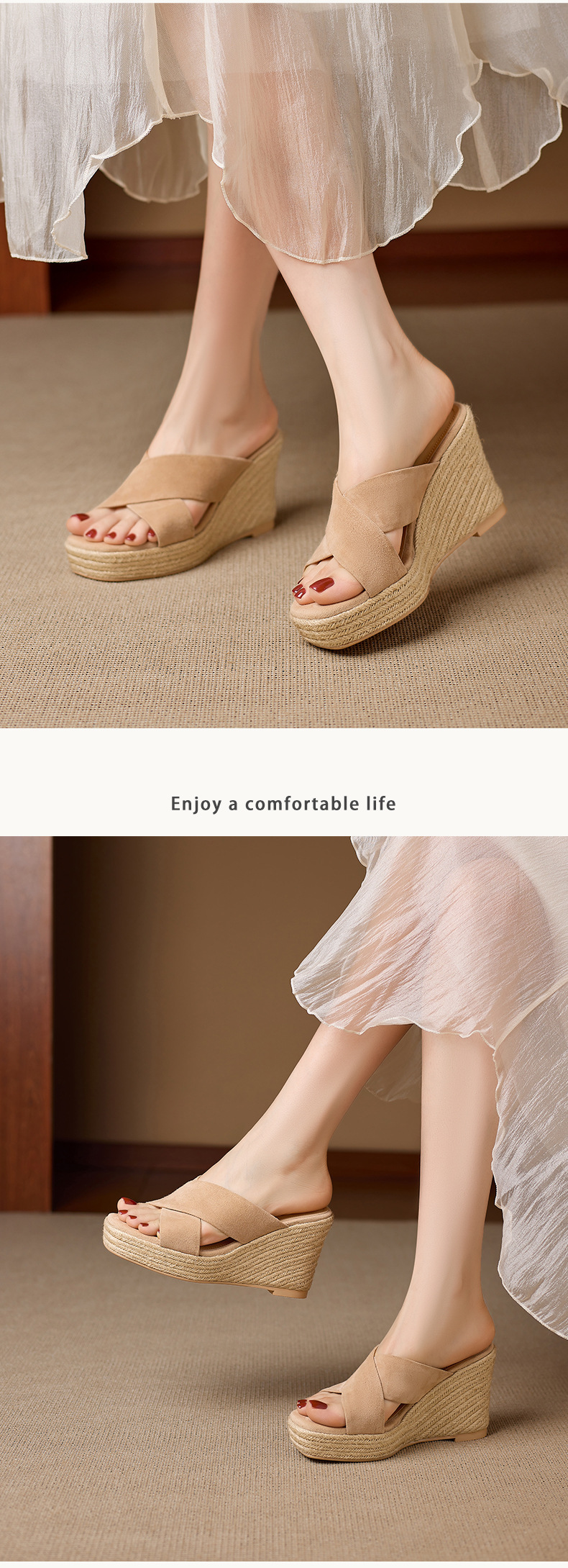 Dép sandal nữ quai chéo đế xuồng bện cói gót cao 5 cm — Da lộn màu hạnh nhân, Da bò thượng hạng màu súng chi tiết 6