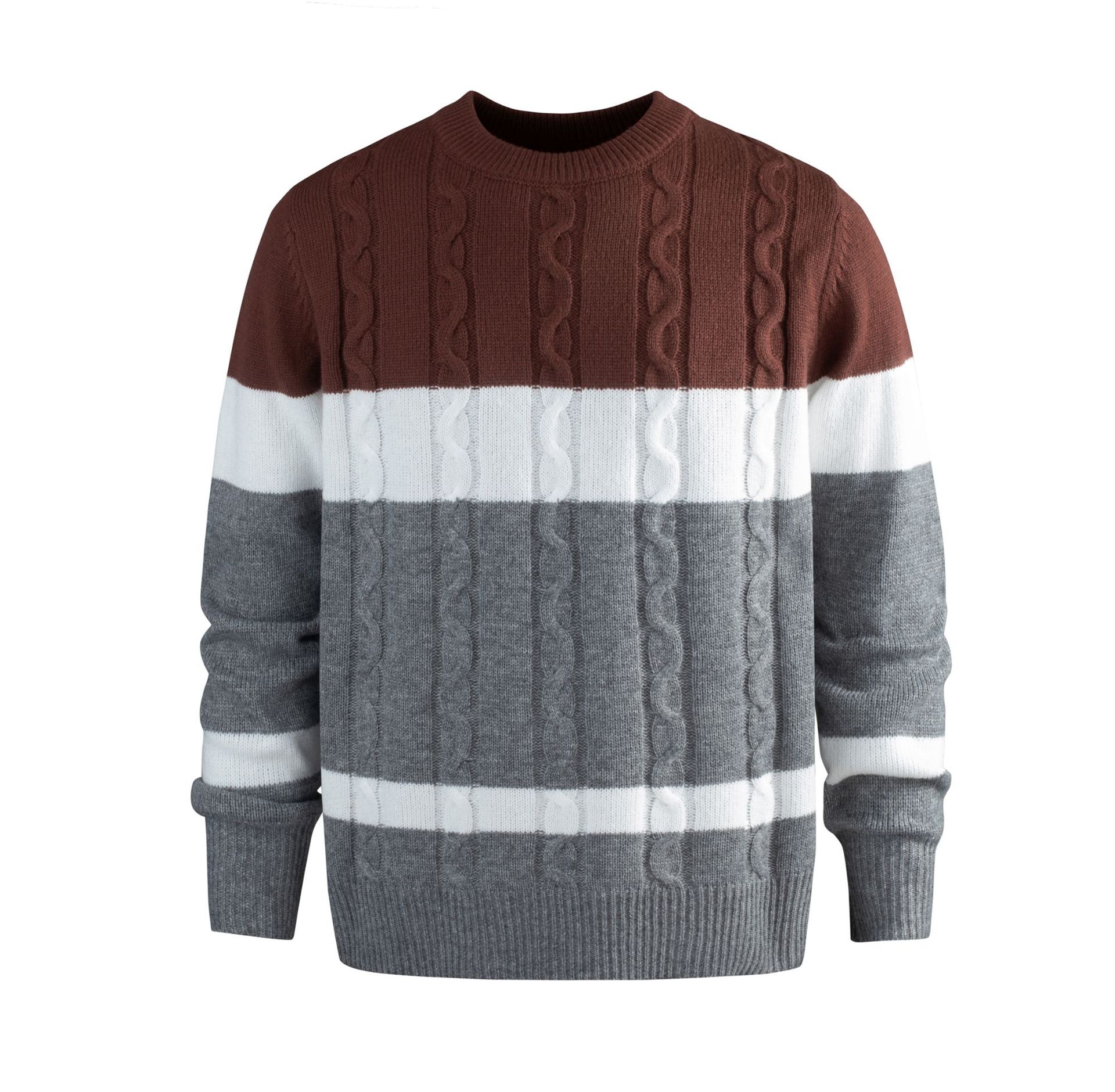 Pull en tricot à blocs de couleurs pour homme, motif torsadé rétro, manches longues, col ras du cou, tenue chaude et décontractée pour l'automne et l'hiver_voghion.com