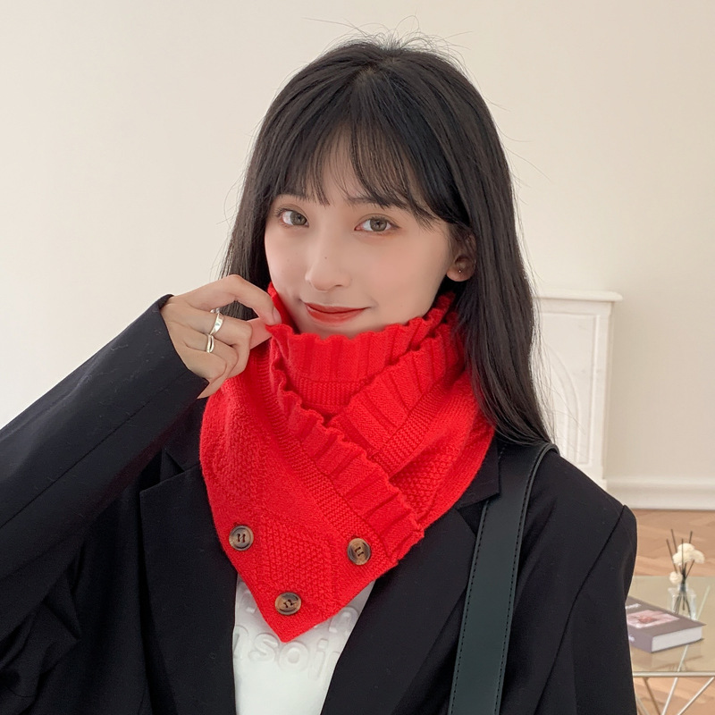 Bufanda de punto de lana para mujer Otoño e Invierno Nuevo estilo coreano versátil de tres botones cálido estudiante pareja protección del cuello bufanda de color sólido