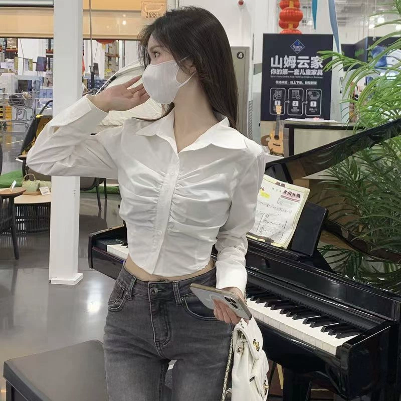 Женские рубашки, женские рубашки, миниатюрные красавицы, сексуальные белые рубашки Pure Lust, короткие французские топы с зауженной талией, весна и осень