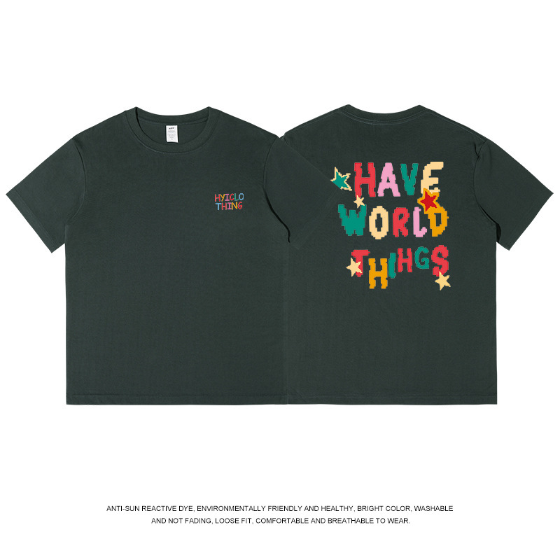 メンズヘビーウェイト純綿ストリート系ヒップホップ半袖Tシャツ、カラフルな文字プリント入り、夏向け、個性的なトップス、レディースインス|undefined