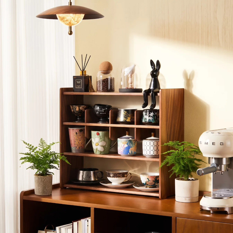 Solid wood desktop storage rack, coffee cup organizer, tea set and water cup stand, dining table display shelf, cup holder, tabletop bookshelf
