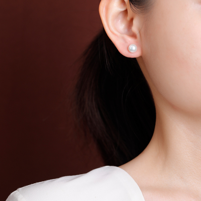 Bông tai bạc S925 mạ vàng đính ngọc trai nước ngọt tự nhiên hạt tròn — kèn vàng