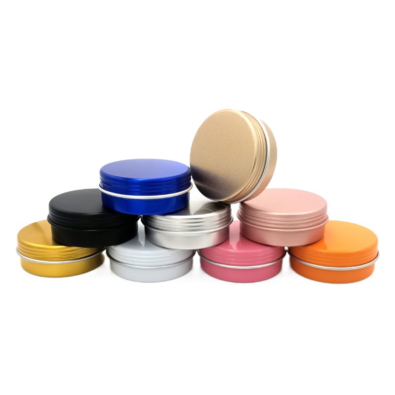 En stock cabello liso 25ml hilo Redondo caja de aluminio cosméticos sub-embalaje DIY hierba púrpura crema té café vela tarro