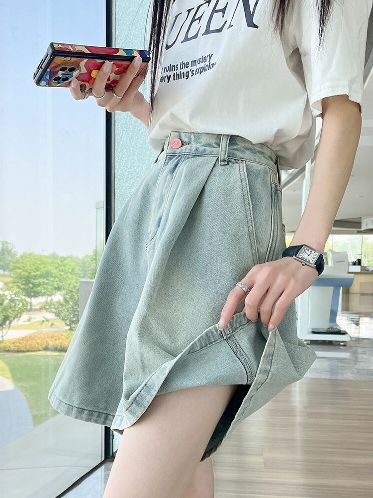High-Waisted Denim Shorts for Women, Summer Thin Style, High-Waisted Loose Fit, Slimming, Hip-Covering A-Line Wide-Leg Pants, Casual Mid-Length Shorts