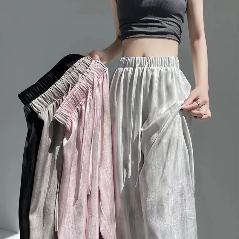Summer Thin Ice Silk Satin Ink Painting Tie-Dye Wide-Leg Pants for Women, Loose Casual Drape High-Waisted Slimming Pants