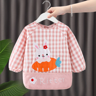 New Plaid Eating Clothes Children Boys and Girls Spring Autumn and Winter Waterproof Overalls Baby Kindergarten Thin Rice Clothes Reverse Dressing