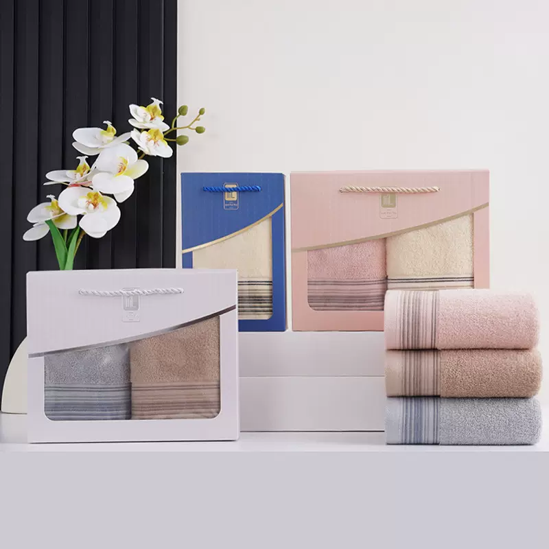工厂批发纯棉毛巾礼盒装家用柔软擦脸巾素色缎档礼盒毛巾可印LOGO