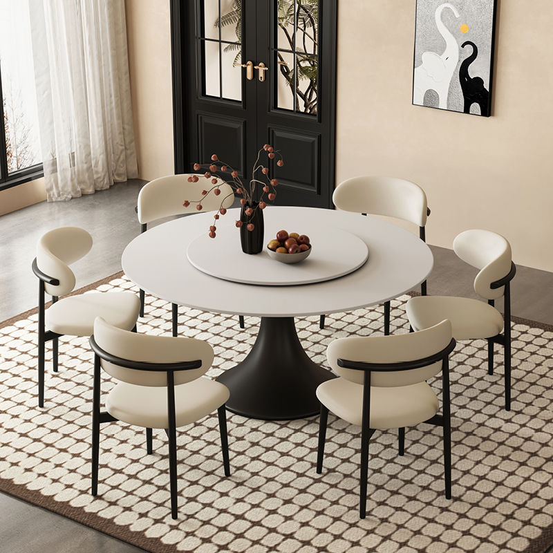 French Mid-Century Style Slate Dining Table and Chair Combination Modern Simple Light Luxury Home Small Apartment Round Table with Turntable