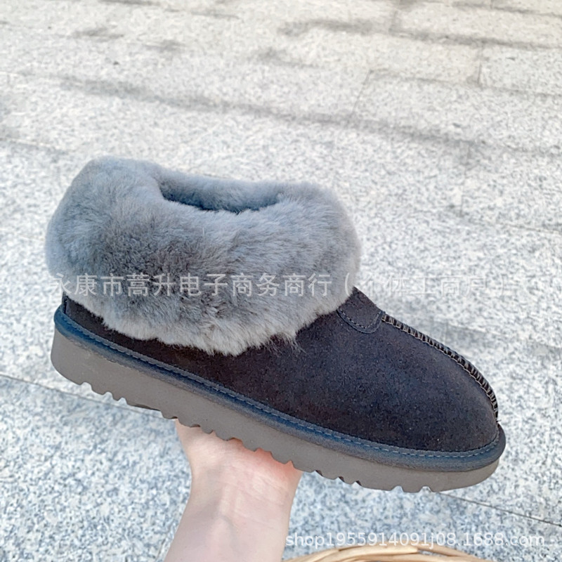 薄底塔次特雪地靴女短筒加绒保暖棉鞋冬季防滑底牛皮羊毛一脚蹬|undefined