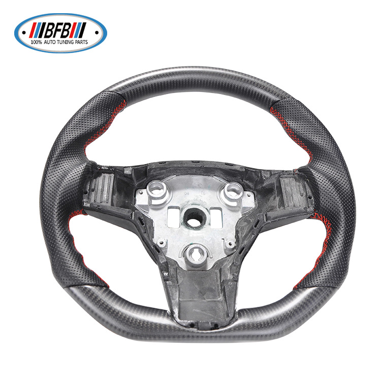 100% Real Carbon Fiber Matte Black Steering Wheel with Black Perforated Leather and Red Stitching - For Tesla Model Y - Steering Wheel Modification