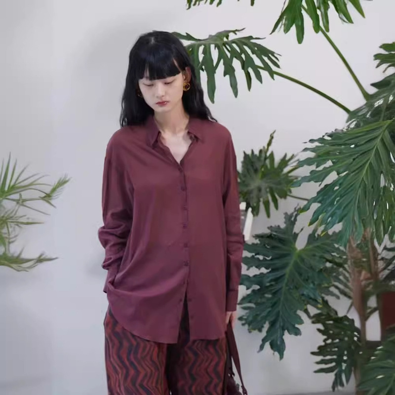 5 Color Lightweight Cotton Shirt Women's Summer Simple Design Sense Mid-length Green Top Long-sleeved Elegant Shirt