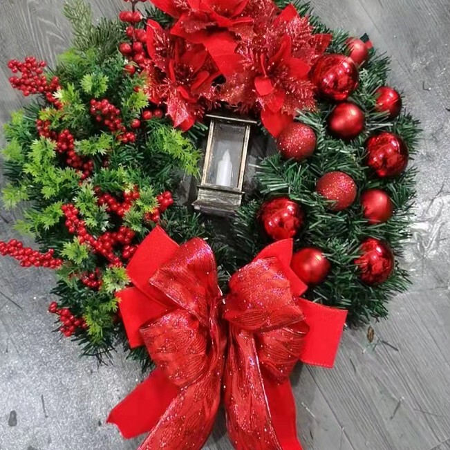 新しいクリスマスデコレーション、クリスマスオイルランプ、クリスマスレッドフラワー、クリスマスリース、ドアハンギング、クリエイティブな赤いリボン|undefined